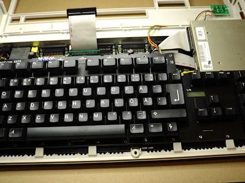 Top view of Amiga 1200 with KA59 keyboard in place and ribbon cable not yet connected.