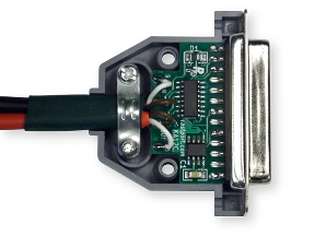 DB25 plug with one half of enclosure taken off. Shows PCB inside.